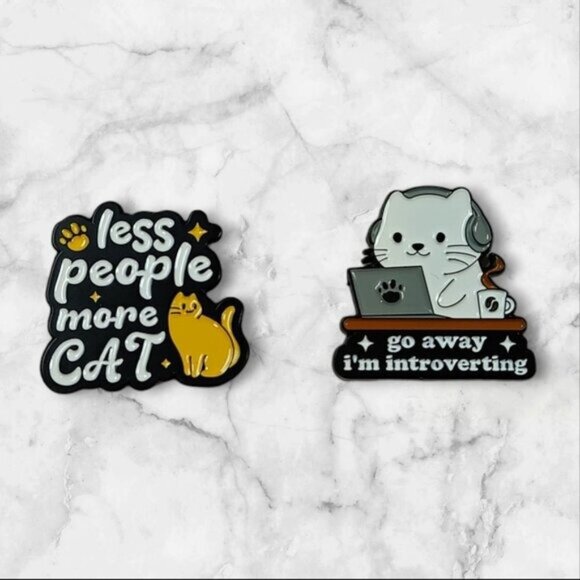 Introvert Cat Enamel Pin Set: Less People, More Cat & Go Away, I'm Introverting - Picture 1 of 4
